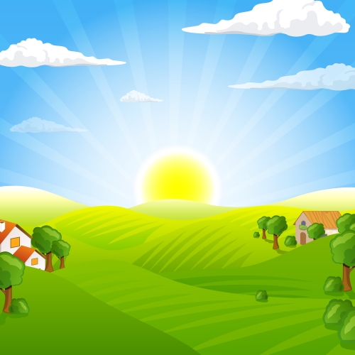 Vector Illustration of a Rural Landscape with Fields and Hills